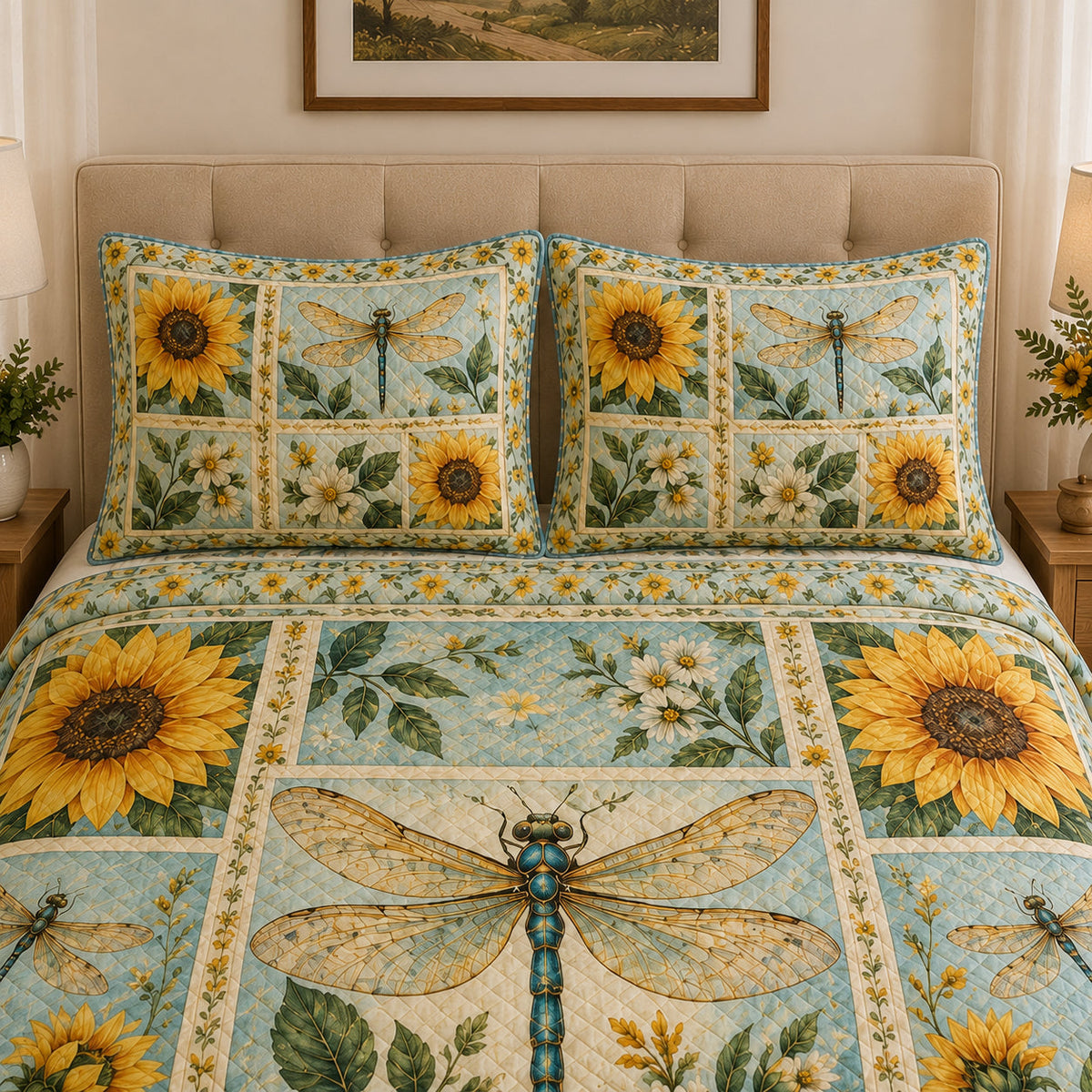Dragonfly Sunflower Floral Quilt Set: wider bedroom view with matching shams showing Dragonfly Sunflower Floral
