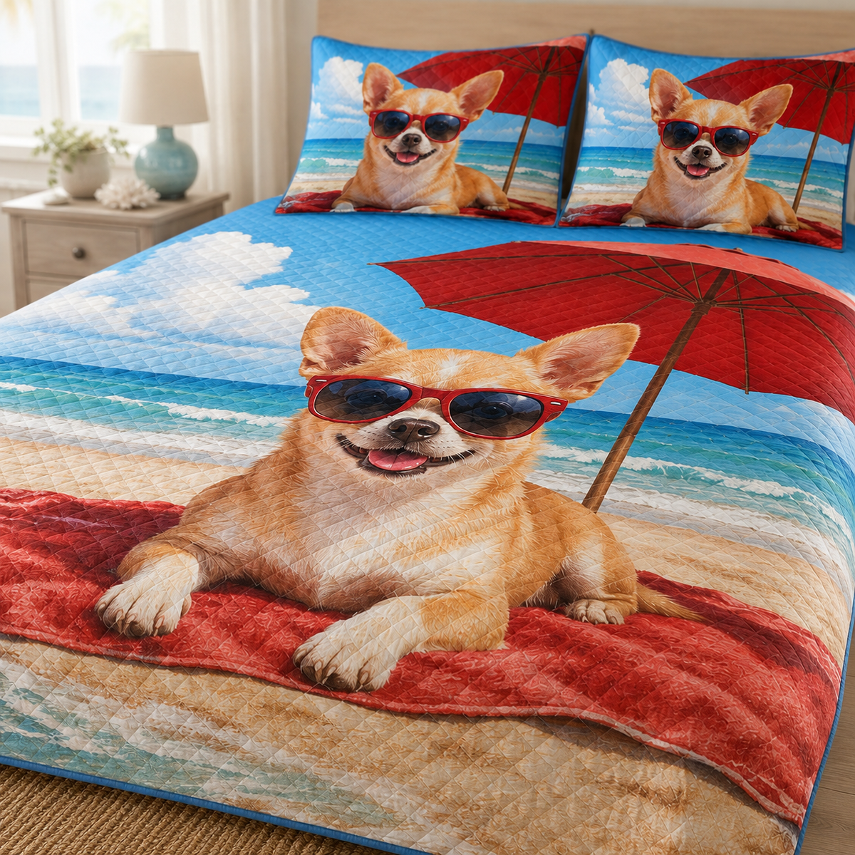 Summer Chihuahua Beach Vacation Quilt Set