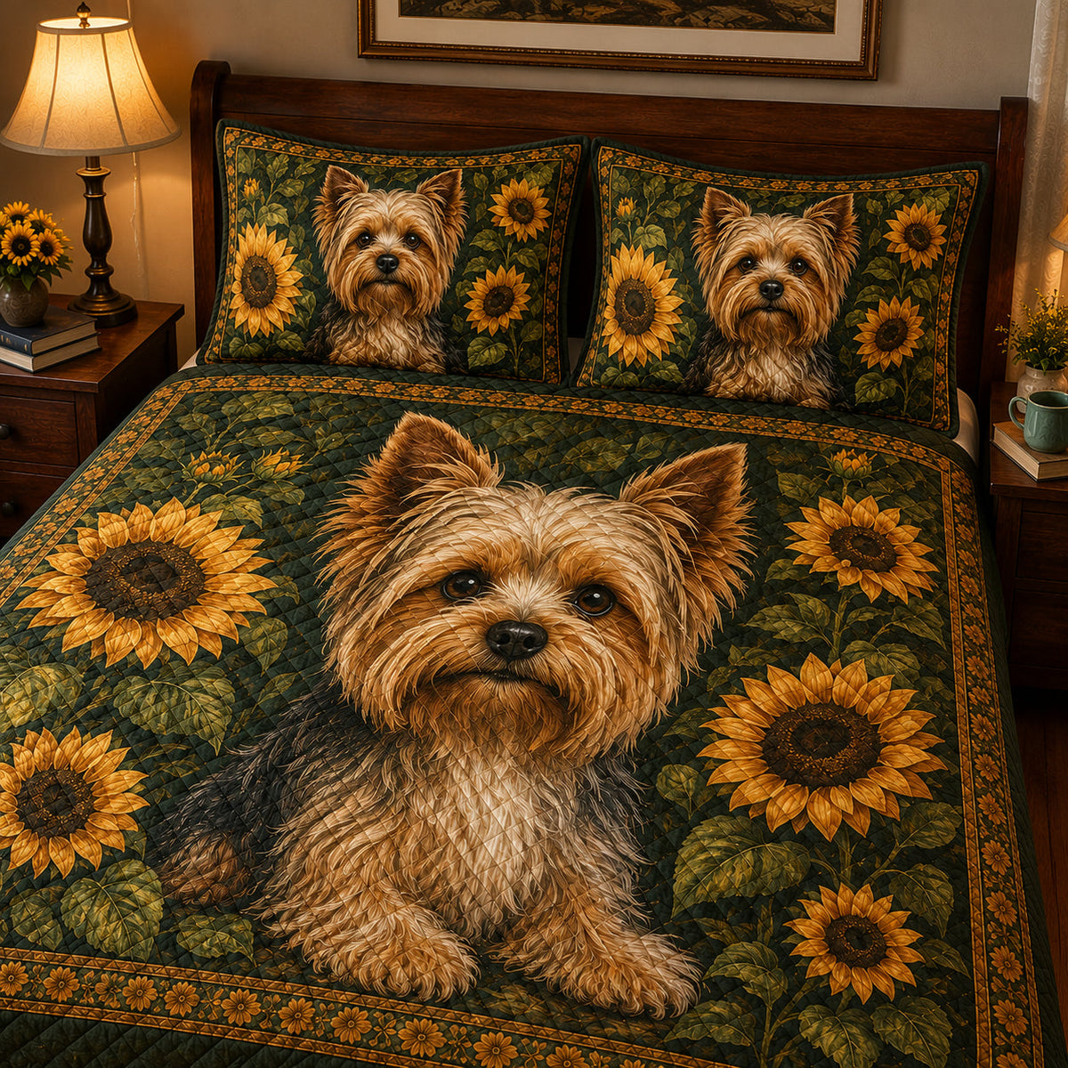 Yorkie Sunflower Quilt Set: wider bedroom view with matching shams showing Yorkie Sunflower