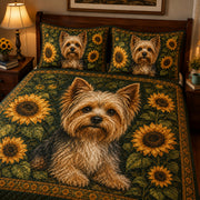 Yorkie Sunflower Quilt Set: wider bedroom view with matching shams showing Yorkie Sunflower