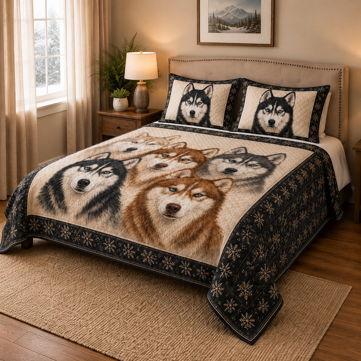Siberian Husky Winter Quilt Set: close view of the quilt artwork showing Siberian Husky Winter