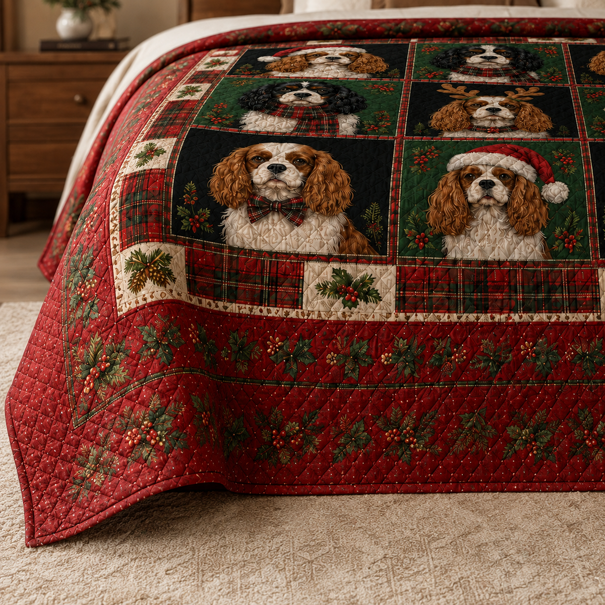 Cavalier King Charles Spaniel Christmas Quilt Bedding Set, Christmas Dog Bedspread, Plaid Holiday Bedroom Decor
