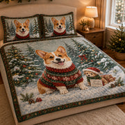 Corgi Christmas Quilt Set: angled bedroom view showing Corgi Christmas