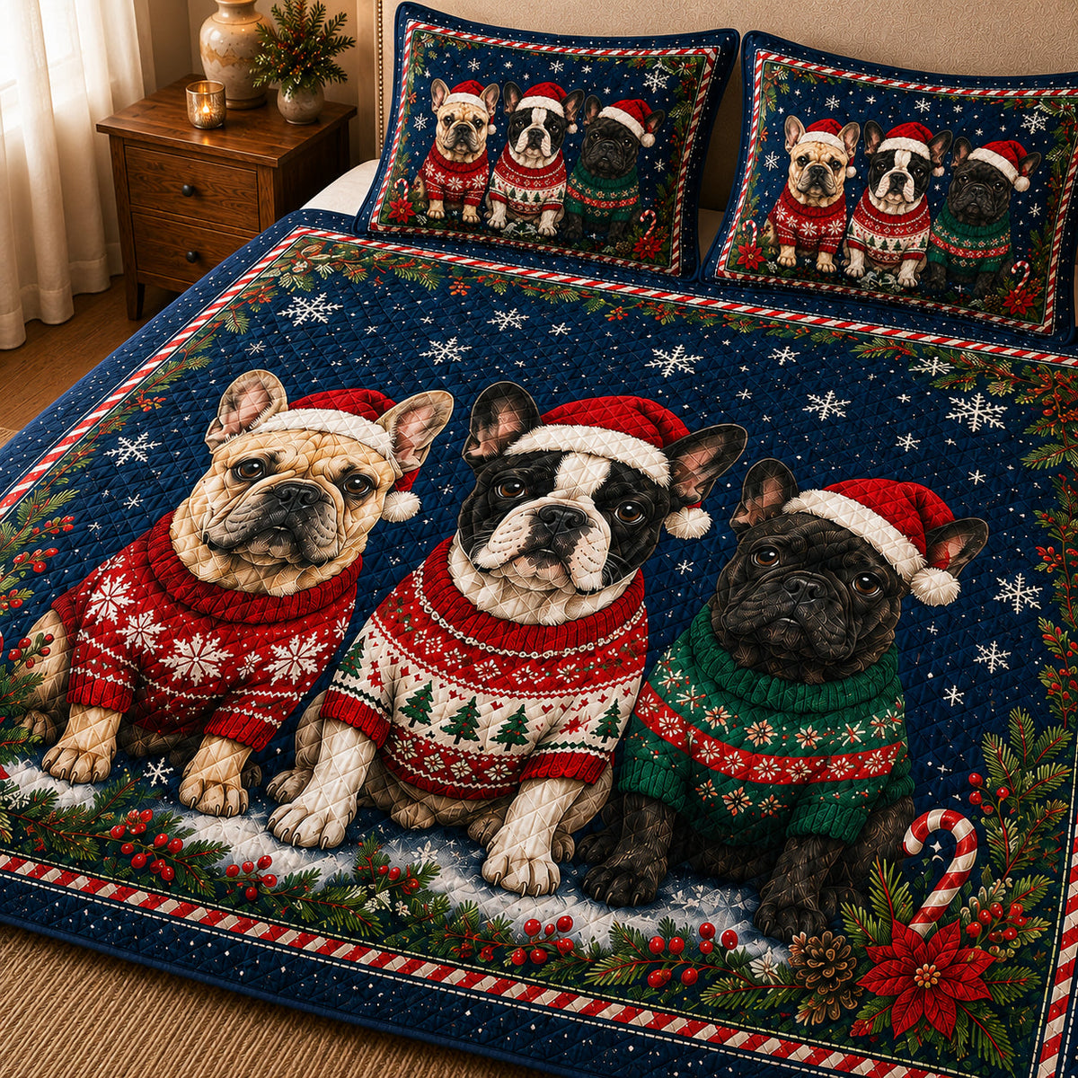 French Bulldog Christmas Quilt Set, Holiday Frenchie Decor: angled bedroom view showing French Bulldog Christmas