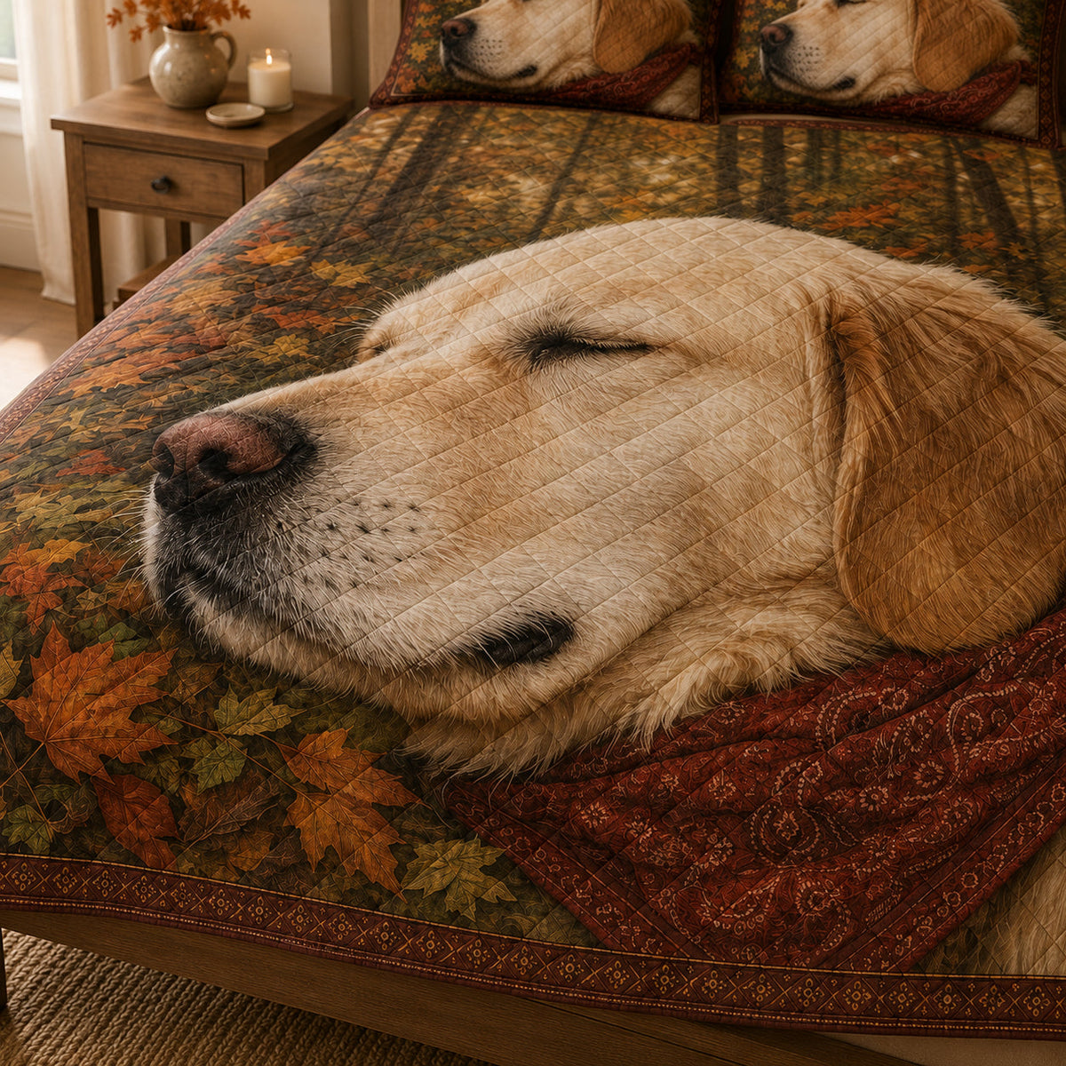 Yellow Labrador Fall Quilt Set: close view of the quilt artwork showing Yellow Labrador Fall