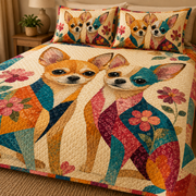 Colorful Chihuahua Couple Floral Quilt Set