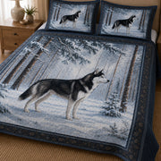 Siberian Husky Snowy Forest Winter Quilt Set: wider bedroom view with matching shams showing Siberian Husky Snowy Forest Winter