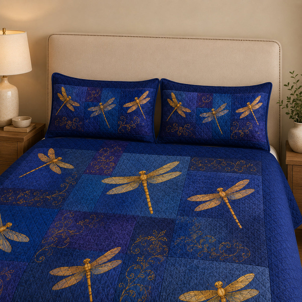 Dragonfly Quilt Set: wider bedroom view with matching shams showing Dragonfly