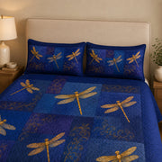 Dragonfly Quilt Set: wider bedroom view with matching shams showing Dragonfly