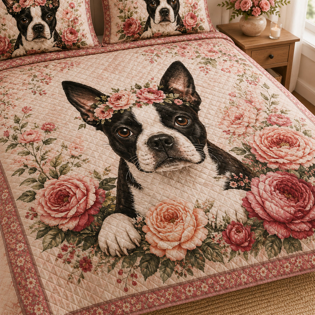 Boston Terrier Rose Floral Quilt Set: wider bedroom view with matching shams showing Boston Terrier Rose Floral