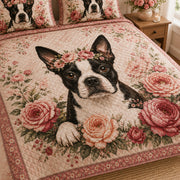 Boston Terrier Rose Floral Quilt Set: wider bedroom view with matching shams showing Boston Terrier Rose Floral