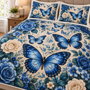 Blue Butterfly Rose Quilt Set: angled bedroom view showing Blue Butterfly Rose