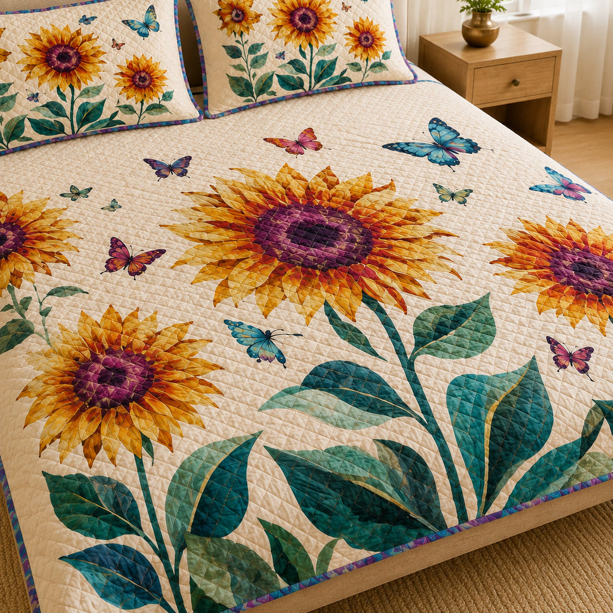 Sunflower Butterfly Floral Quilt Set: close view of the quilt artwork showing Sunflower Butterfly Floral