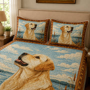 Yellow Labrador Rustic Lake Quilt Set: close view of the quilt artwork showing Yellow Labrador Rustic Lake