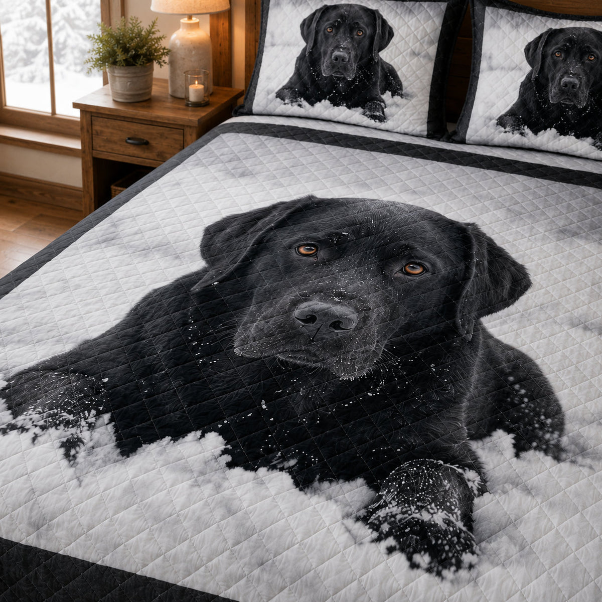 Black Labrador Winter Snow Quilt Set: close view of the quilt artwork showing Black Labrador Winter Snow