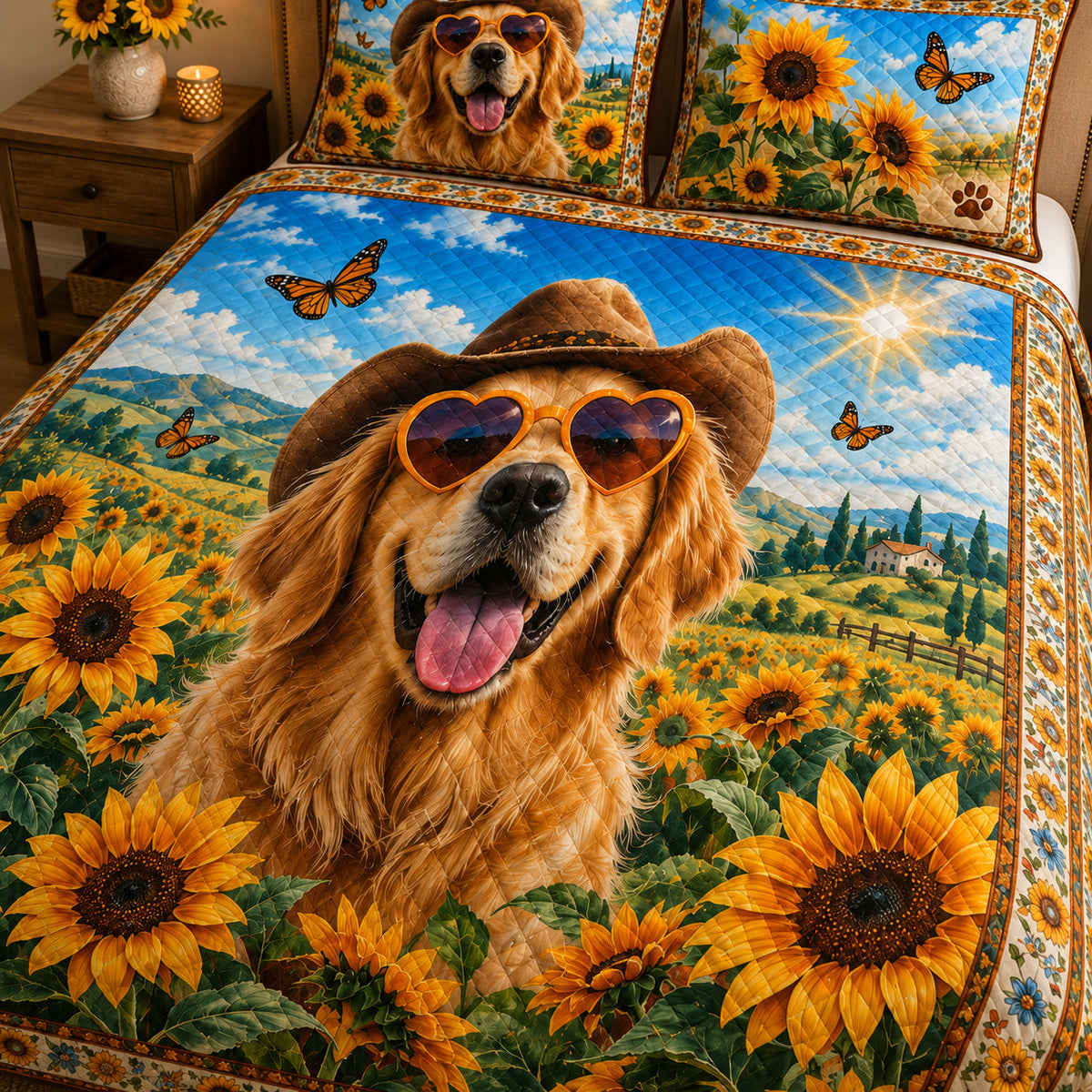 Golden Retriever Sunflower Floral Quilt Set: wider bedroom view with matching shams showing Golden Retriever Sunflower Floral