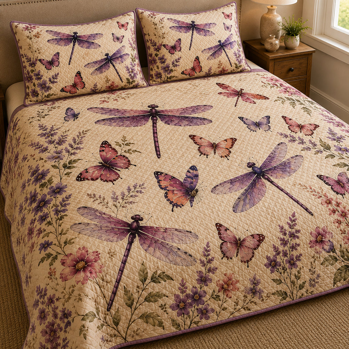 Purple Dragonfly Butterfly Floral Quilt Set: close view of the quilt artwork showing Purple Dragonfly Butterfly Floral
