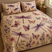Purple Dragonfly Butterfly Floral Quilt Set: close view of the quilt artwork showing Purple Dragonfly Butterfly Floral