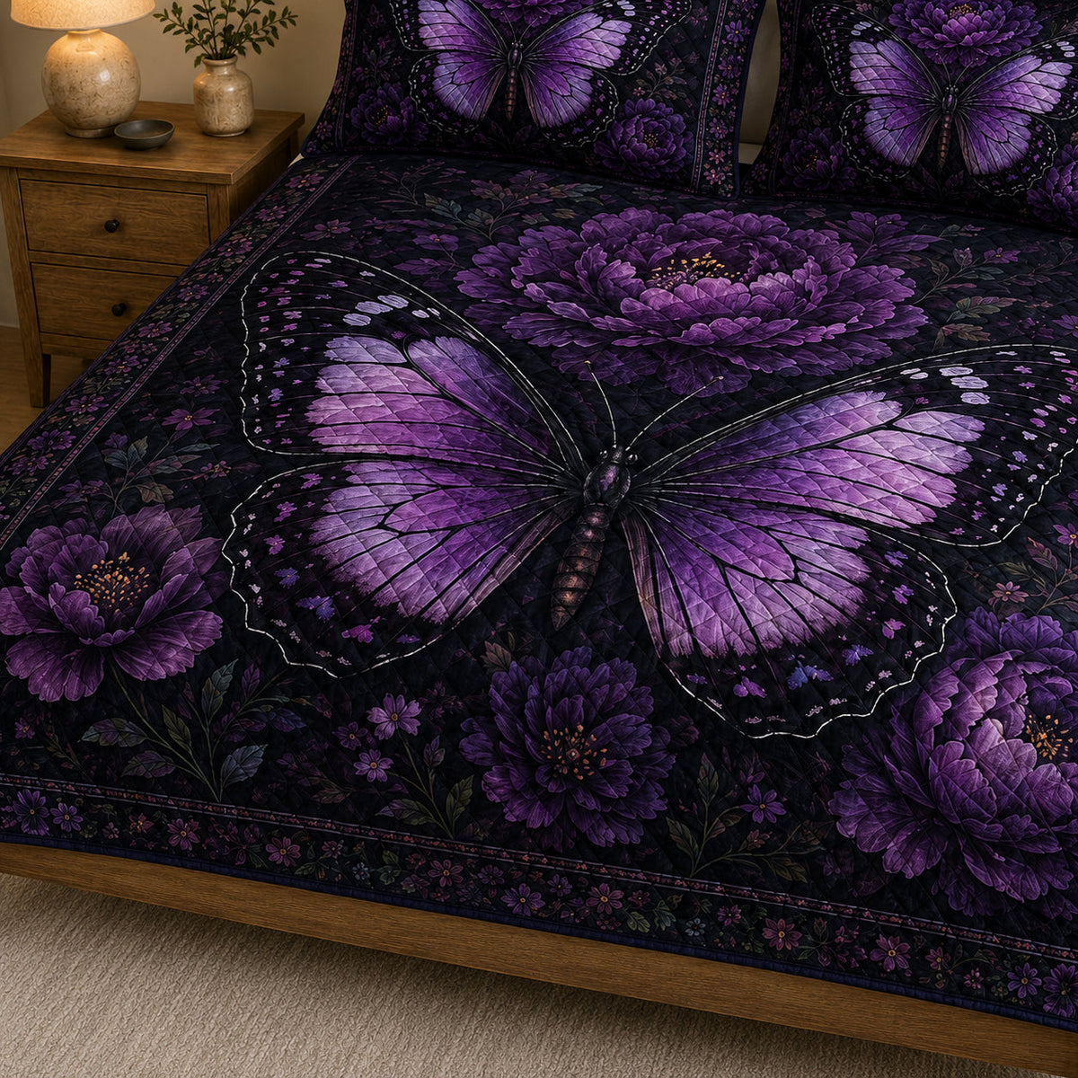 Dark Purple Butterfly Botanical Quilt Set: close view of the quilt artwork showing Dark Purple Butterfly Botanical
