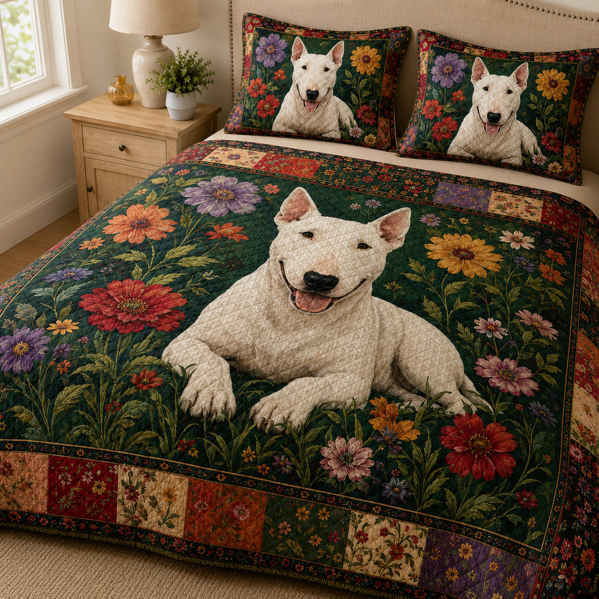 White Bull Terrier Floral Garden Quilt Set – additional view 1