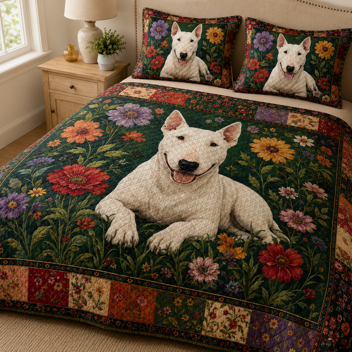 Bull Terrier Quilt Bedding Set, White Dog Floral Bedspread, Colorful Flower Dog Quilt Set with 2 Pillow Shams