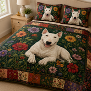 Bull Terrier Quilt Bedding Set, White Dog Floral Bedspread, Colorful Flower Dog Quilt Set with 2 Pillow Shams