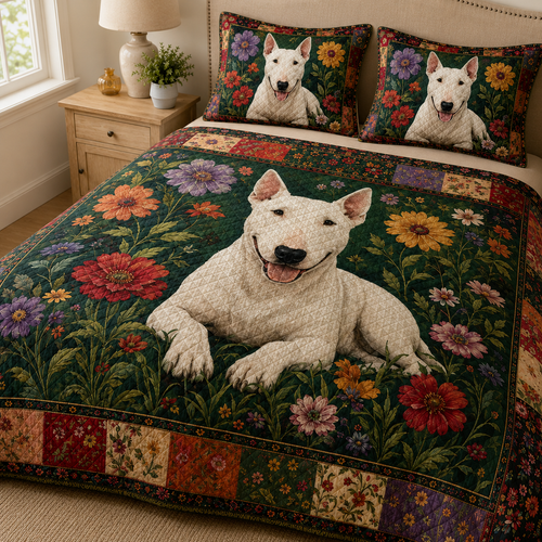 Bull Terrier Quilt Bedding Set, White Dog Floral Bedspread, Colorful Flower Dog Quilt Set with 2 Pillow Shams