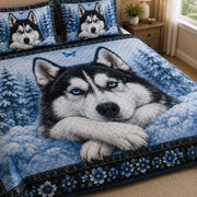 Siberian Husky Blue Snow Winter Quilt Set: angled bedroom view showing Siberian Husky Blue Snow Winter