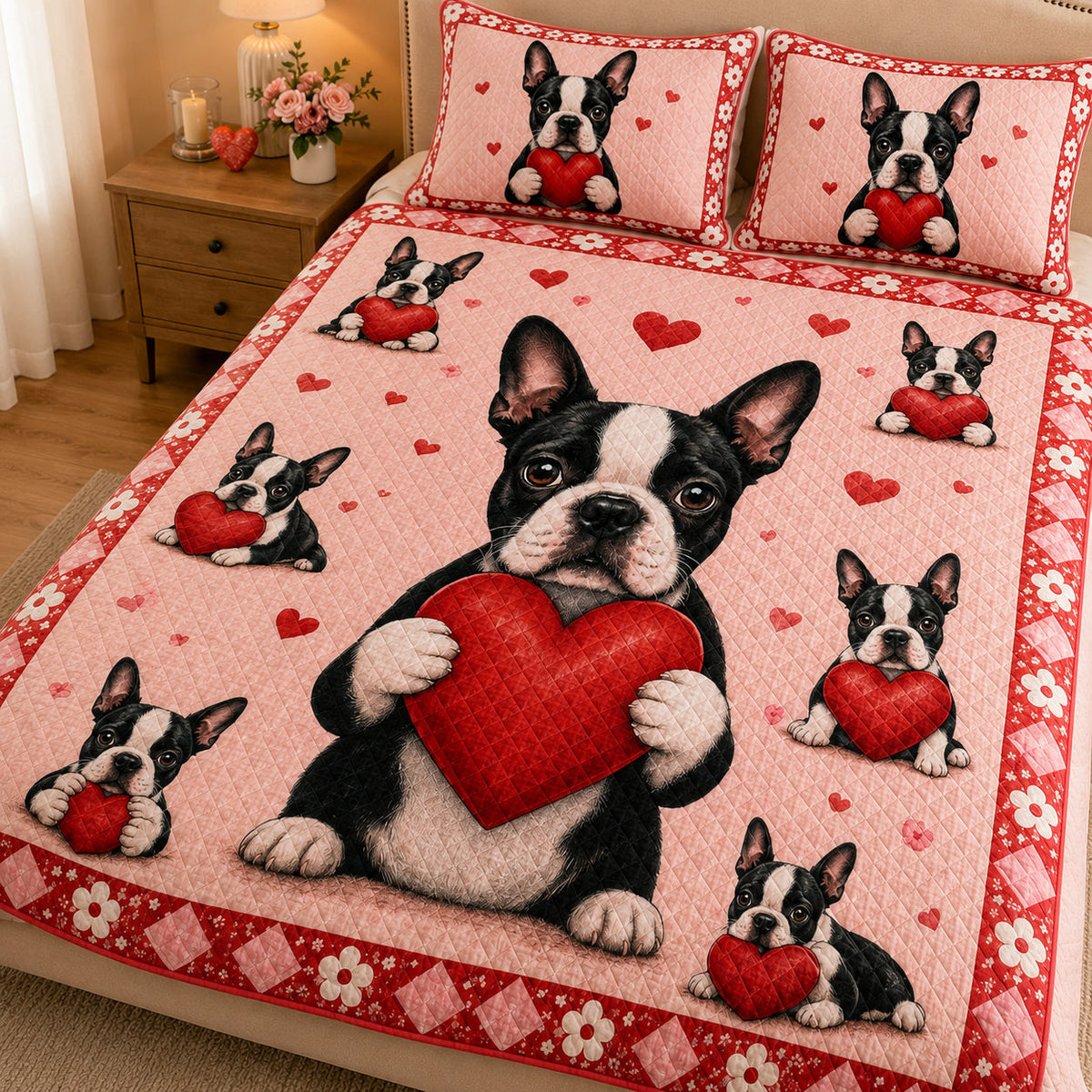 Boston Terrier Heart Quilt Set: wider bedroom view with matching shams showing Boston Terrier Heart