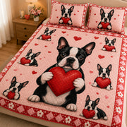 Boston Terrier Heart Quilt Set: wider bedroom view with matching shams showing Boston Terrier Heart