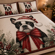 Boston Terrier Christmas Quilt Set: angled bedroom view showing Boston Terrier Christmas