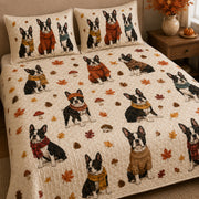 Boston Terrier Autumn Quilt Set: close view of the quilt artwork showing Boston Terrier Autumn