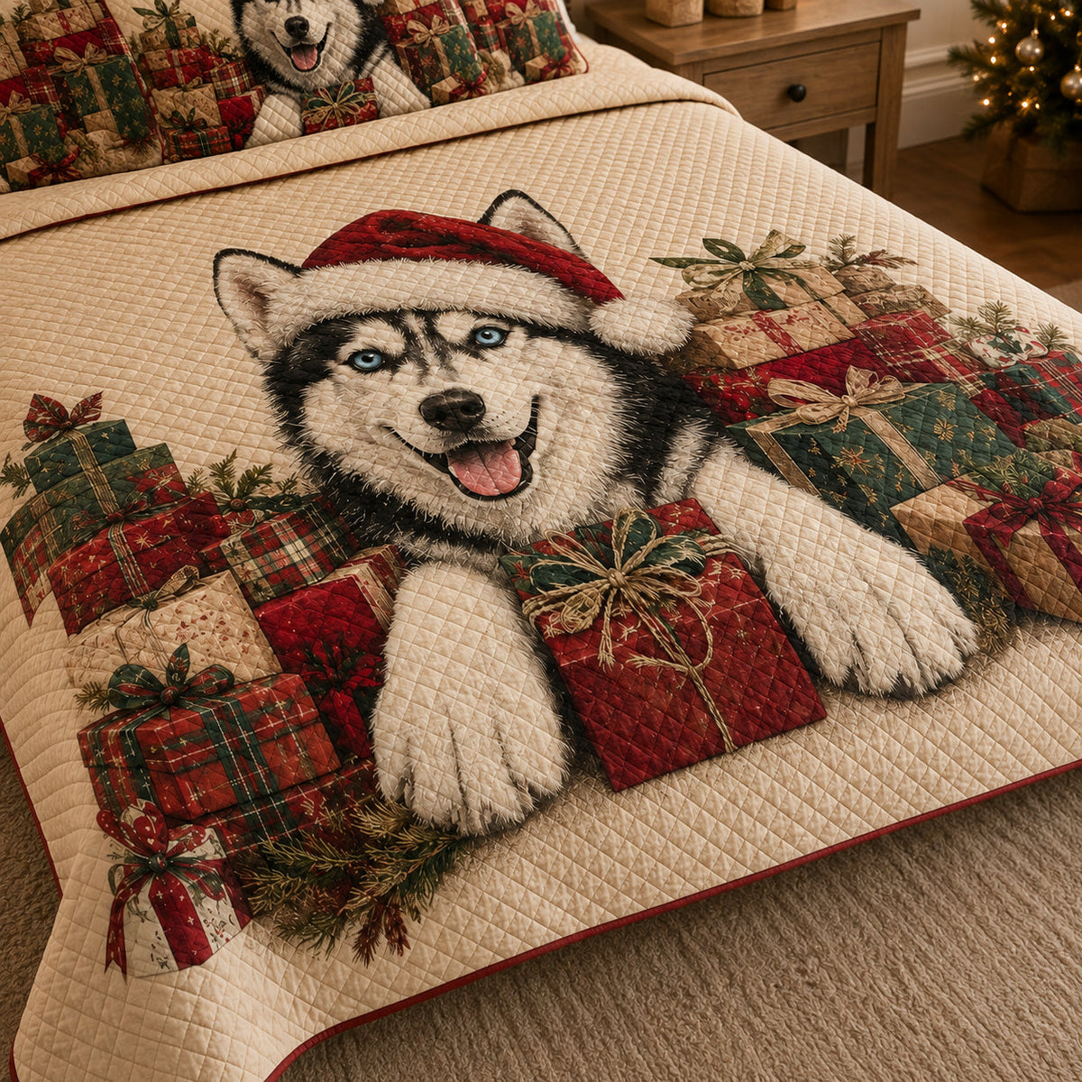 Siberian Husky Christmas Gifts Quilt Set: close view of the quilt artwork showing Siberian Husky Christmas Gifts