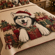 Siberian Husky Christmas Gifts Quilt Set: close view of the quilt artwork showing Siberian Husky Christmas Gifts