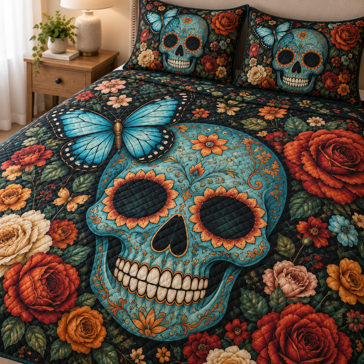 Sugar Skull Butterfly Floral Quilt Set: close view of the quilt artwork showing Sugar Skull Butterfly Floral