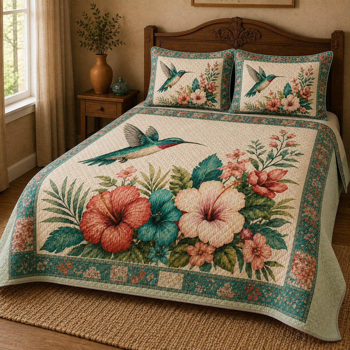 Pastel Hummingbird Hibiscus Garden Quilt Set – additional view 4