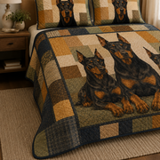 Doberman Dog Quilt Bedding Set, Black & Tan Bedspread, 3 Piece Quilt Set with 2 Pillow Shams