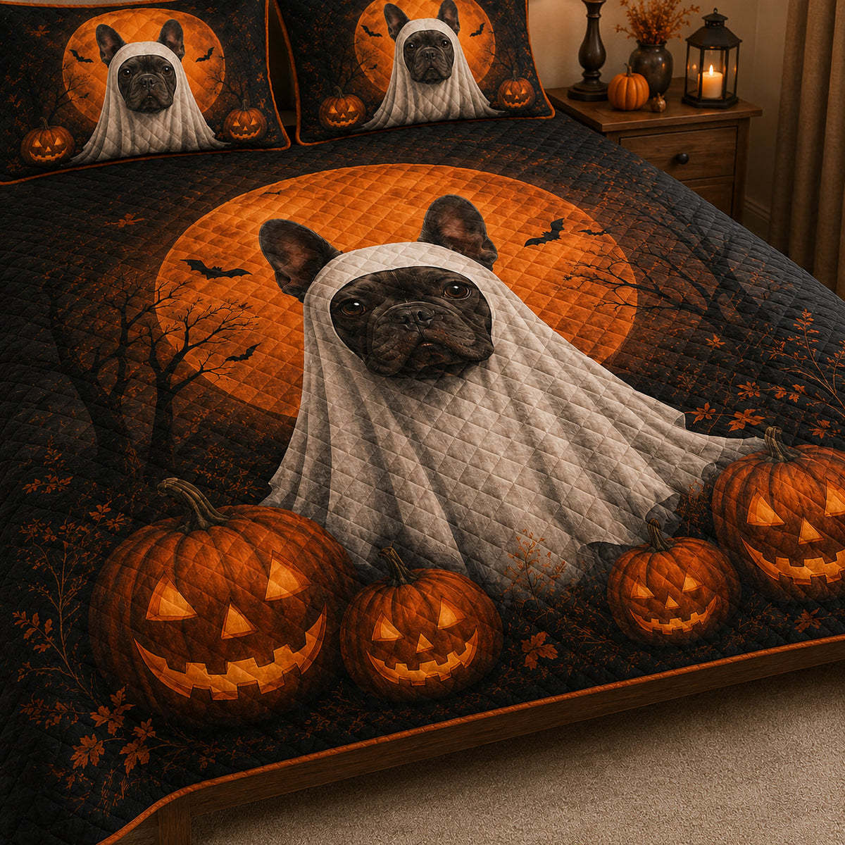 French Bulldog Halloween Ghost Quilt Set: close view of the quilt artwork showing French Bulldog Halloween Ghost