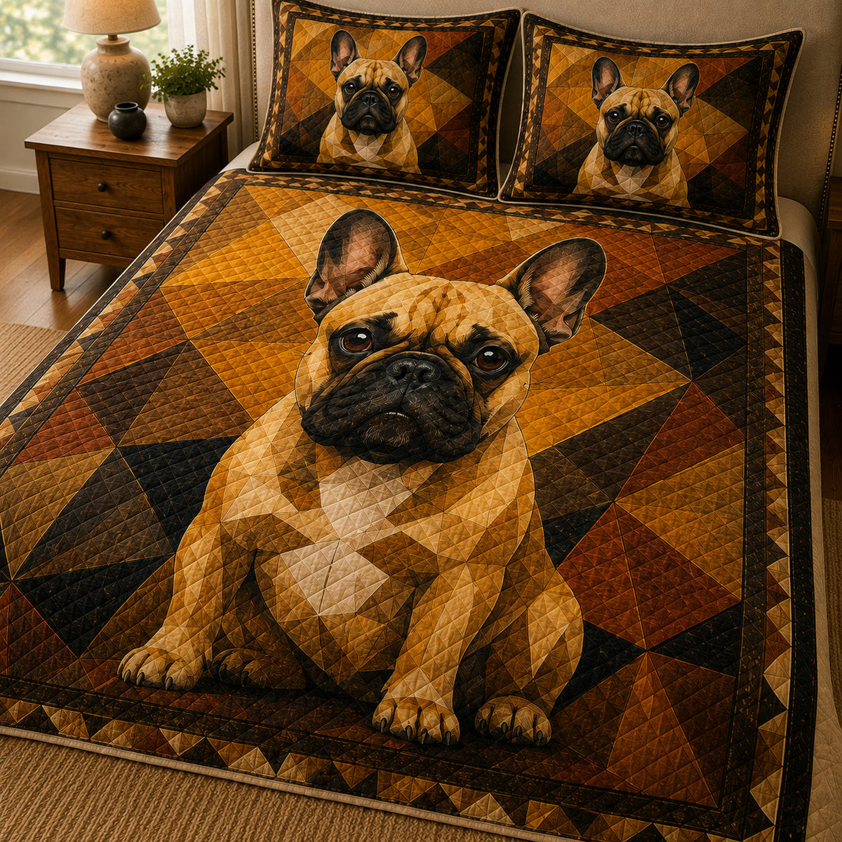 French Bulldog Geometric Quilt Set: close view of the quilt artwork showing French Bulldog Geometric