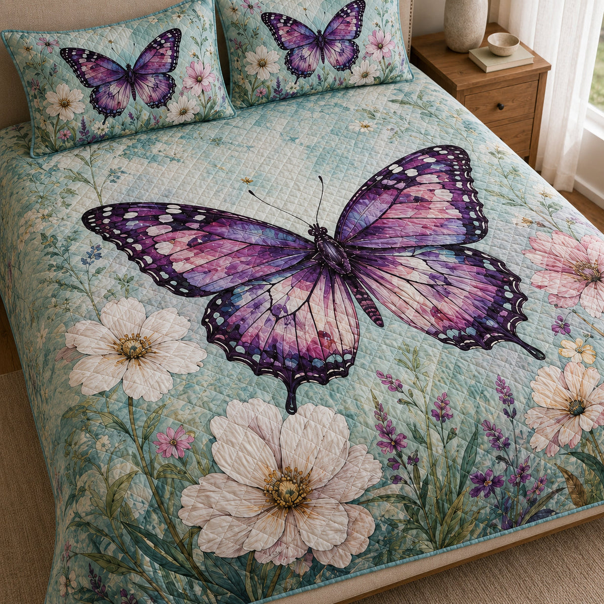 Purple Butterfly Wildflower Meadow Quilt Set: angled bedroom view showing Purple Butterfly Wildflower Meadow