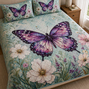 Purple Butterfly Wildflower Meadow Quilt Set: angled bedroom view showing Purple Butterfly Wildflower Meadow