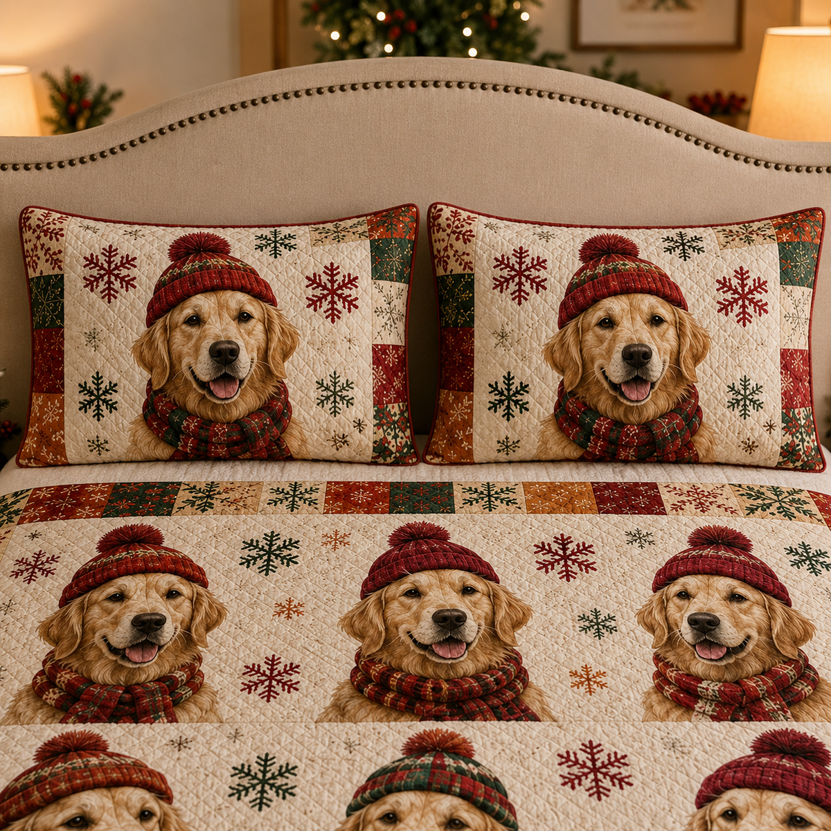 Golden Retriever Christmas Quilt Set