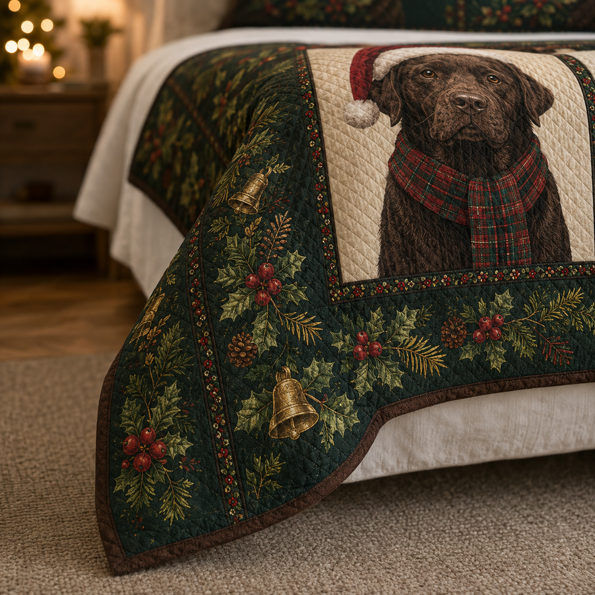 Chocolate Labrador Christmas Quilt Bedding Set, Lab Dog Holiday Bedspread, Christmas Plaid Winter Bedroom Decor