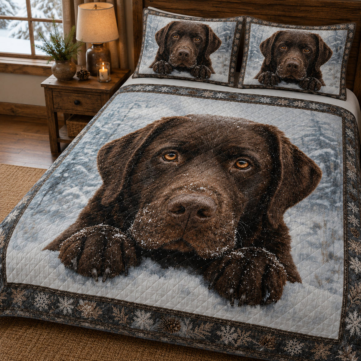 Labrador Winter Snow Quilt Set: close view of the quilt artwork showing Labrador Winter Snow