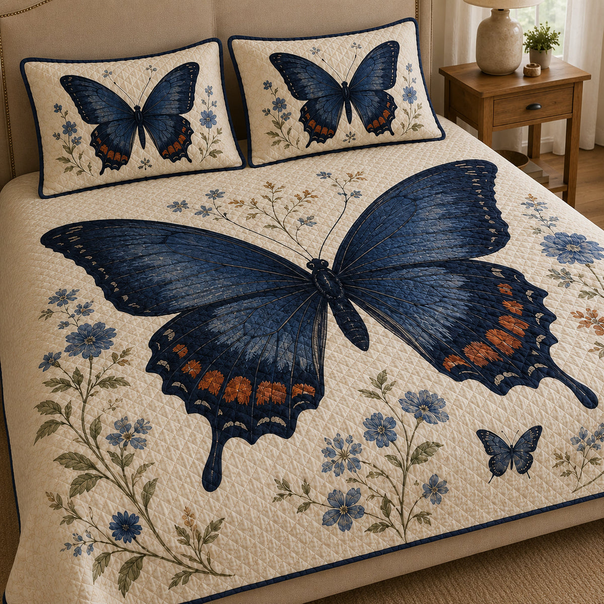 Blue Butterfly Floral Quilt Set: close view of the quilt artwork showing Blue Butterfly Floral