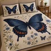 Blue Butterfly Floral Quilt Set: close view of the quilt artwork showing Blue Butterfly Floral