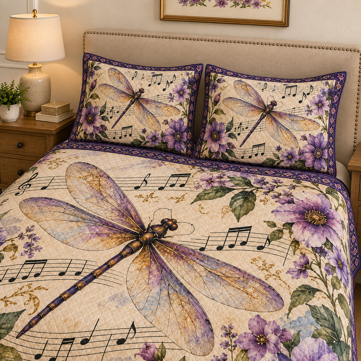 Purple Dragonfly Music Floral Quilt Set: wider bedroom view with matching shams showing Purple Dragonfly Music Floral
