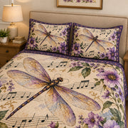 Purple Dragonfly Music Floral Quilt Set: wider bedroom view with matching shams showing Purple Dragonfly Music Floral