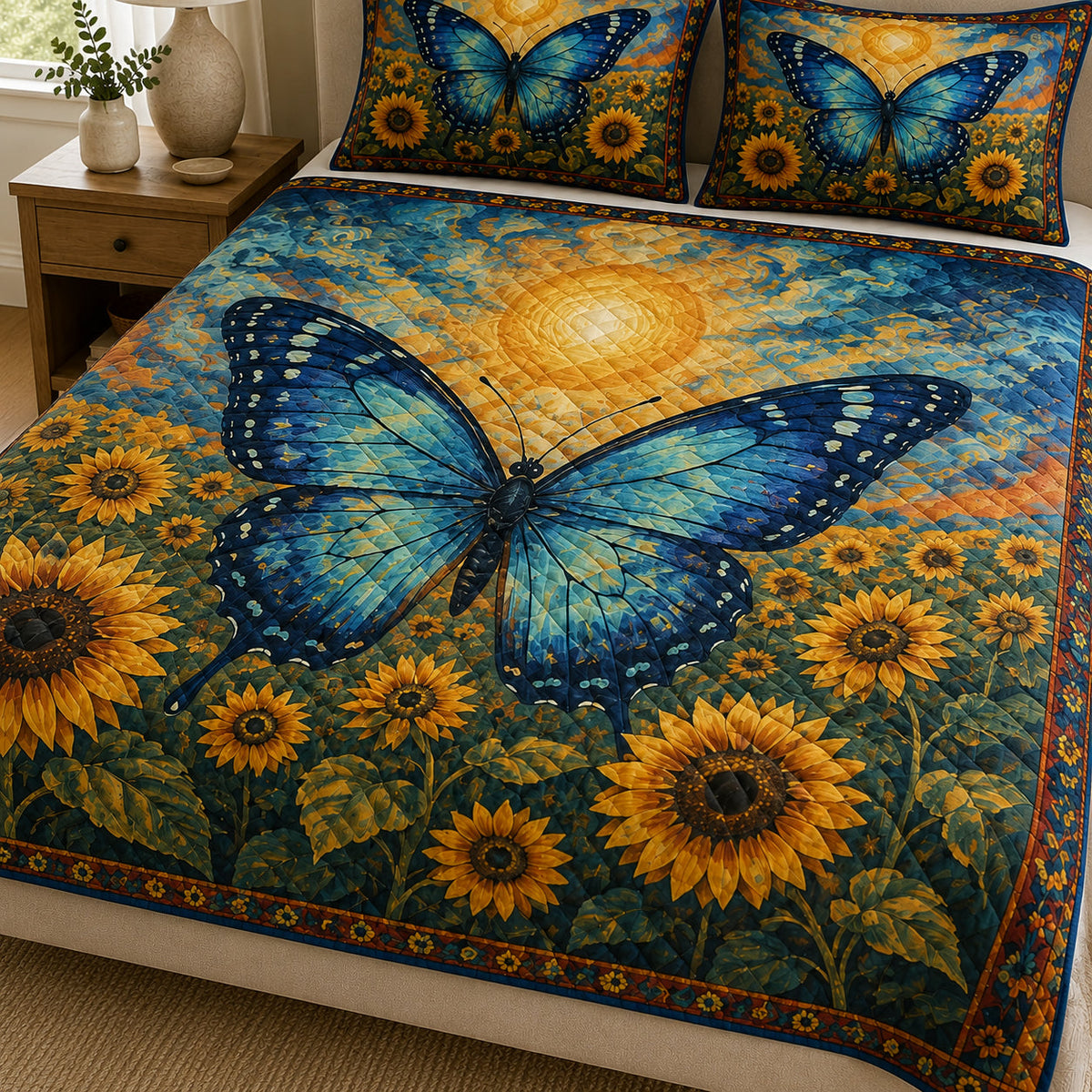 Blue Butterfly Sunflower Quilt Set: angled bedroom view showing Blue Butterfly Sunflower