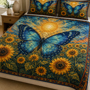 Blue Butterfly Sunflower Quilt Set: angled bedroom view showing Blue Butterfly Sunflower